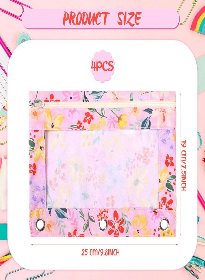 Janlaugh 4 Pack Pencil Pouch for 3 Ring Binder Bulk Flowers Binder Pencil Pouch with Zipper 3-Holes Pouches Durable Clear Zipper Top Bag for Classroom Teacher Office Supplies - Image 2